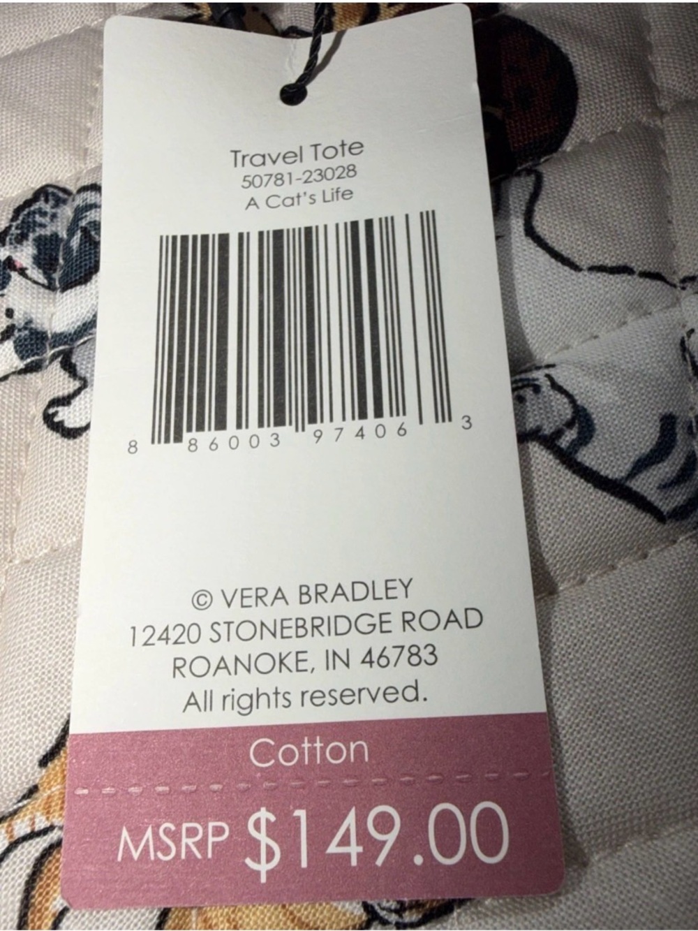 Vera Bradley Large Travel Tote A Cat's Life Zip Top Quilted Cotton Bag Kitty NWT - Picture 9 of 9
